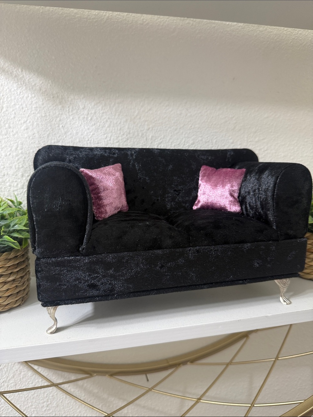 Black Velvet Accent Sofa with Pink Throw Pillows Jewelry Storage Case
